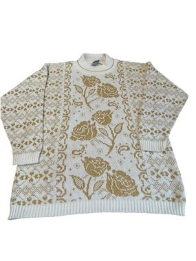 Vintage Gold Floral Sweater Cottagecore 80s 90s USA Womens L